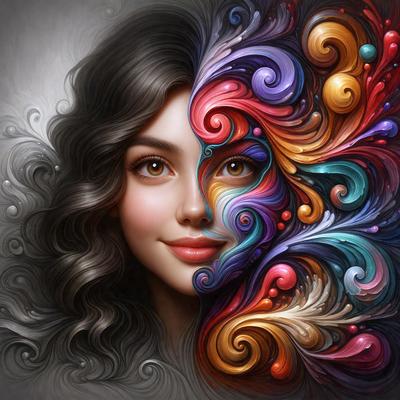 The primary subject of the image is a woman's face, which is depicted in two different colors. The setting is a colorful background, and the visual style is a digital art or illustration. The colors and mood of the image are vibrant and lively, with the woman's face being the focal point of the artwork.